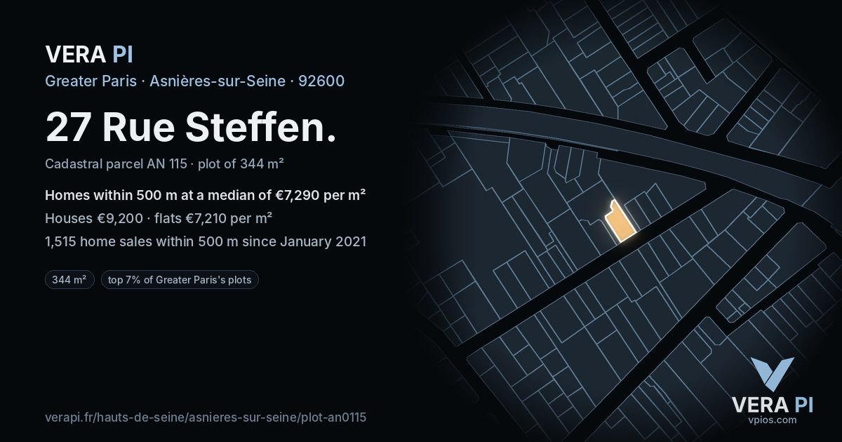 27 Rue Steffen, Asnières-sur-Seine at night – the plot lit, the parcels around coloured by the prices near them