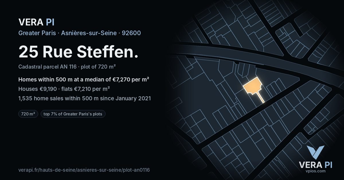 25 Rue Steffen, Asnières-sur-Seine at night – the plot lit, the parcels around coloured by the prices near them