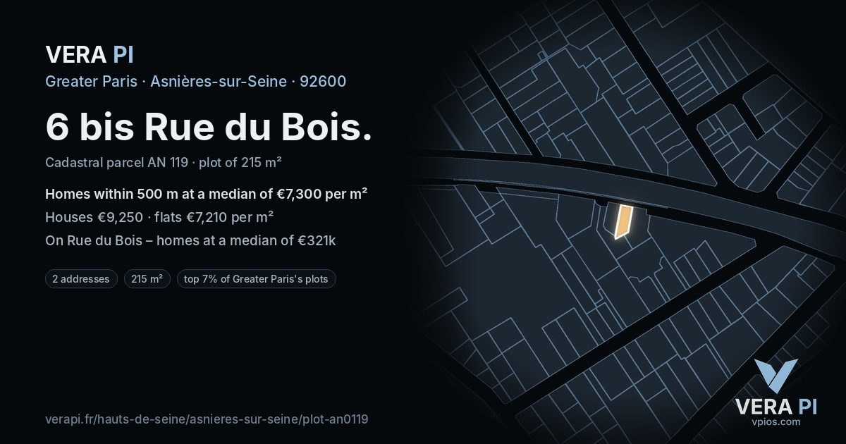 6 bis Rue du Bois, Asnières-sur-Seine at night – the plot lit, the parcels around coloured by the prices near them