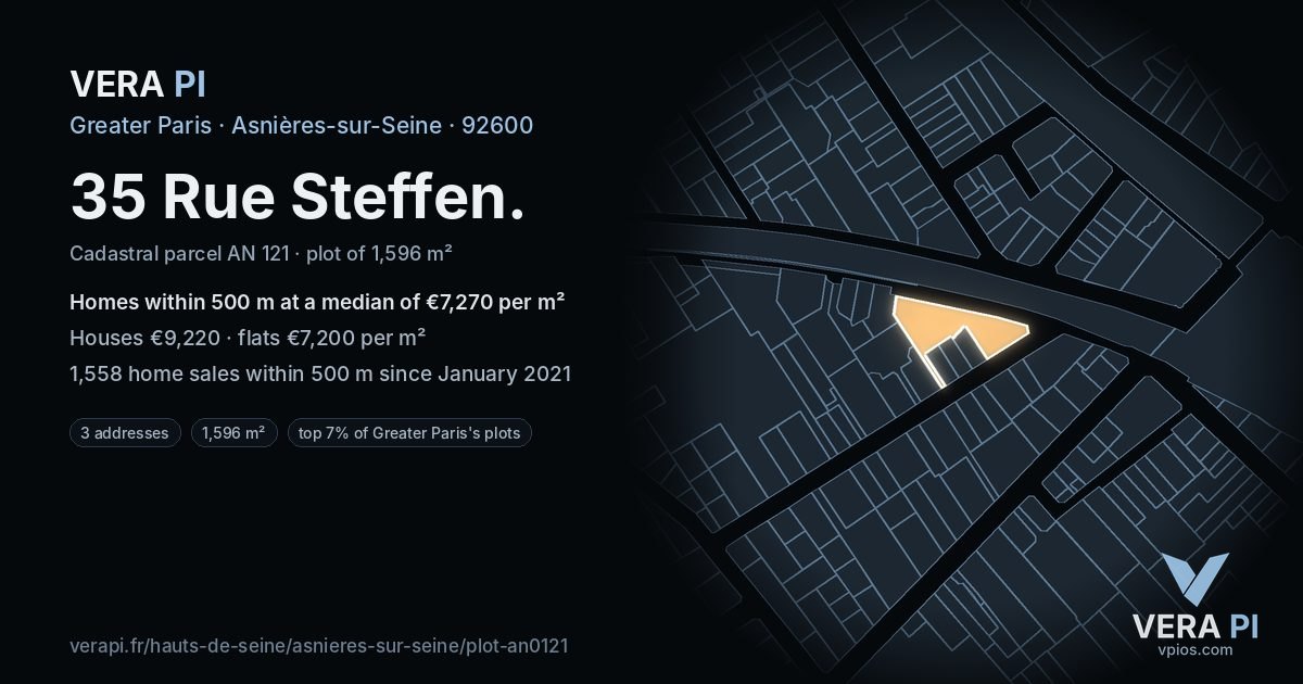 35 Rue Steffen, Asnières-sur-Seine at night – the plot lit, the parcels around coloured by the prices near them