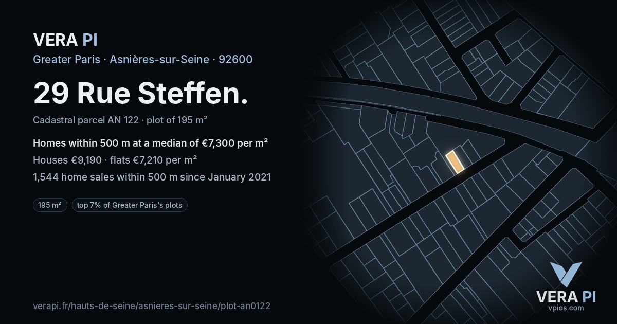 29 Rue Steffen, Asnières-sur-Seine at night – the plot lit, the parcels around coloured by the prices near them