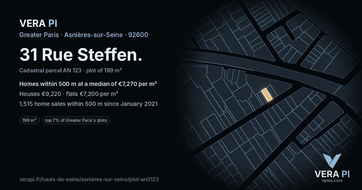 31 Rue Steffen, Asnières-sur-Seine at night – the plot lit, the parcels around coloured by the prices near them
