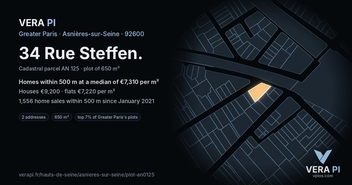 34 Rue Steffen, Asnières-sur-Seine at night – the plot lit, the parcels around coloured by the prices near them
