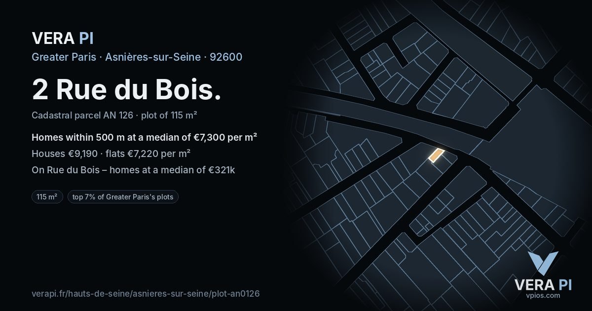 2 Rue du Bois, Asnières-sur-Seine at night – the plot lit, the parcels around coloured by the prices near them