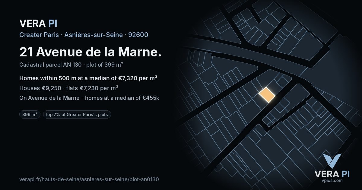 21 Avenue de la Marne, Asnières-sur-Seine at night – the plot lit, the parcels around coloured by the prices near them