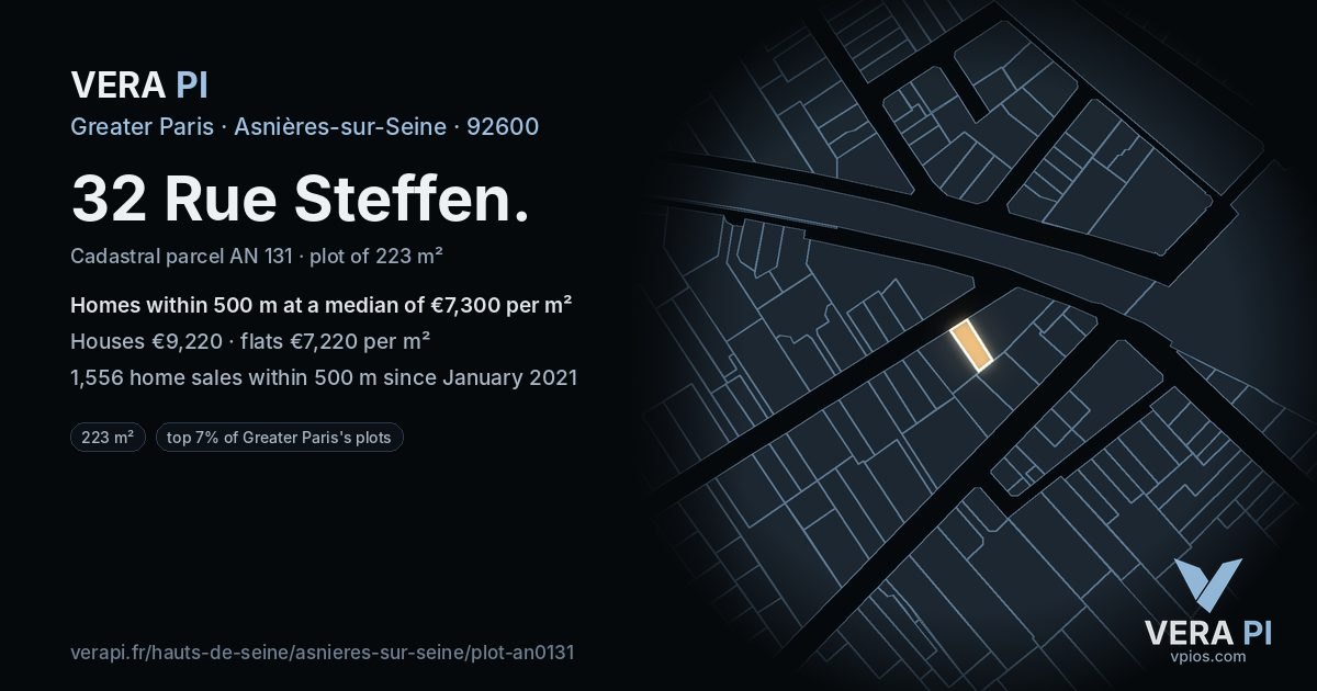 32 Rue Steffen, Asnières-sur-Seine at night – the plot lit, the parcels around coloured by the prices near them