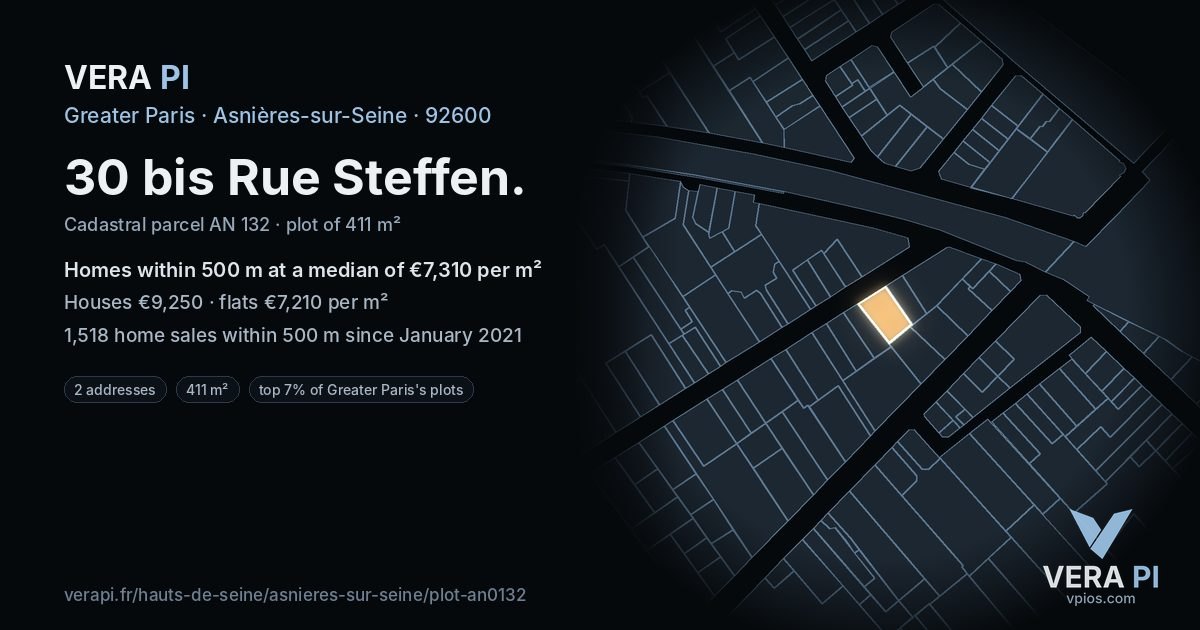 30 bis Rue Steffen, Asnières-sur-Seine at night – the plot lit, the parcels around coloured by the prices near them