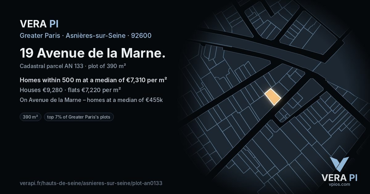 19 Avenue de la Marne, Asnières-sur-Seine at night – the plot lit, the parcels around coloured by the prices near them