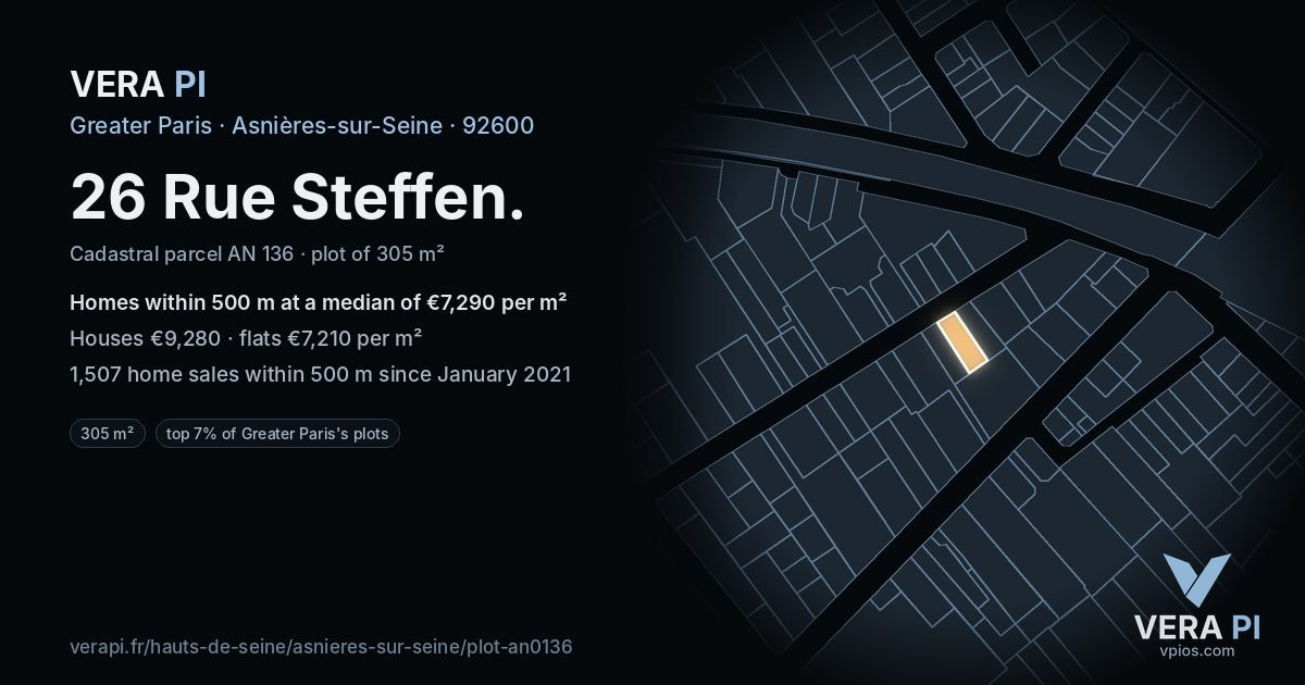 26 Rue Steffen, Asnières-sur-Seine at night – the plot lit, the parcels around coloured by the prices near them