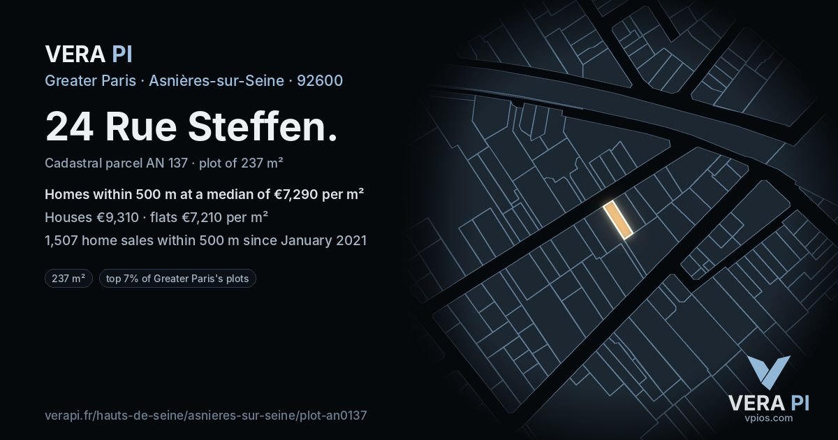 24 Rue Steffen, Asnières-sur-Seine at night – the plot lit, the parcels around coloured by the prices near them