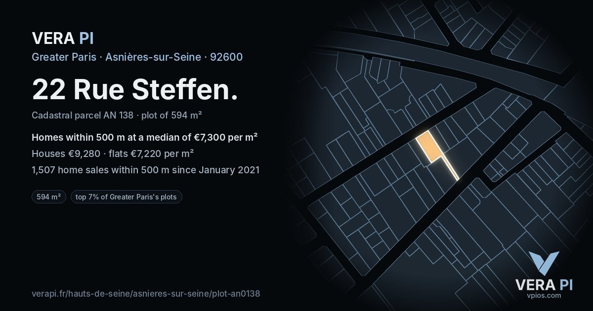 22 Rue Steffen, Asnières-sur-Seine at night – the plot lit, the parcels around coloured by the prices near them