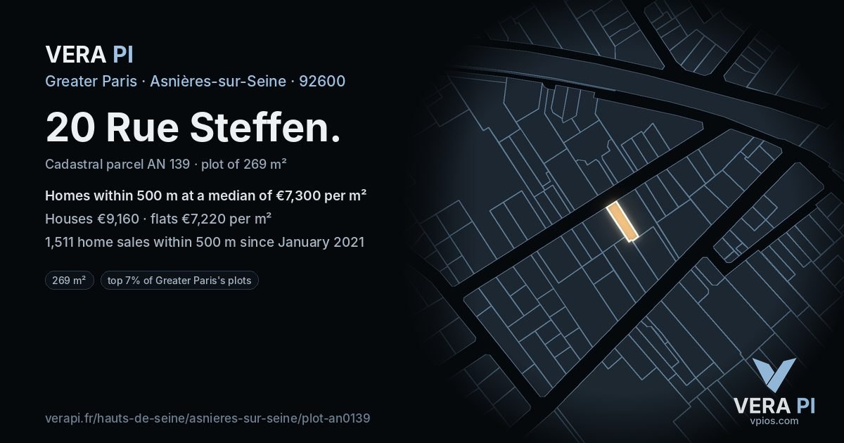 20 Rue Steffen, Asnières-sur-Seine at night – the plot lit, the parcels around coloured by the prices near them