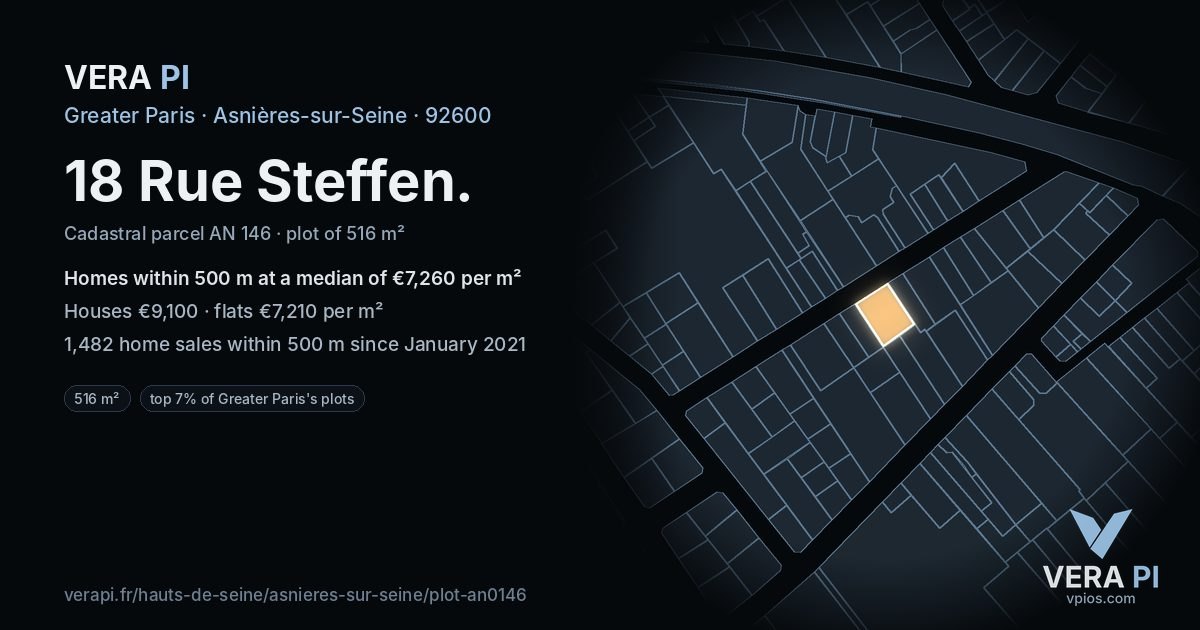 18 Rue Steffen, Asnières-sur-Seine at night – the plot lit, the parcels around coloured by the prices near them