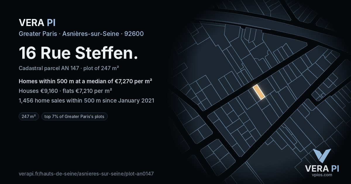 16 Rue Steffen, Asnières-sur-Seine at night – the plot lit, the parcels around coloured by the prices near them