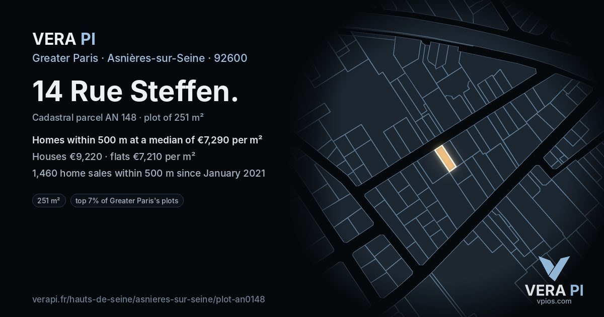 14 Rue Steffen, Asnières-sur-Seine at night – the plot lit, the parcels around coloured by the prices near them