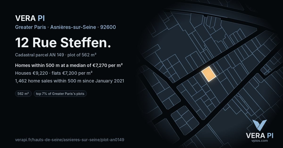 12 Rue Steffen, Asnières-sur-Seine at night – the plot lit, the parcels around coloured by the prices near them