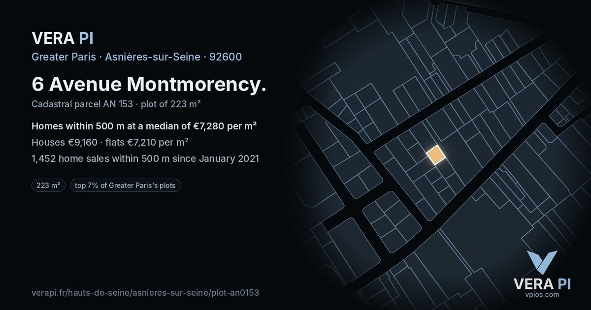 6 Avenue Montmorency, Asnières-sur-Seine at night – the plot lit, the parcels around coloured by the prices near them