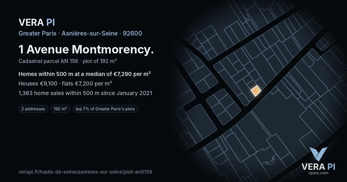1 Avenue Montmorency, Asnières-sur-Seine at night – the plot lit, the parcels around coloured by the prices near them
