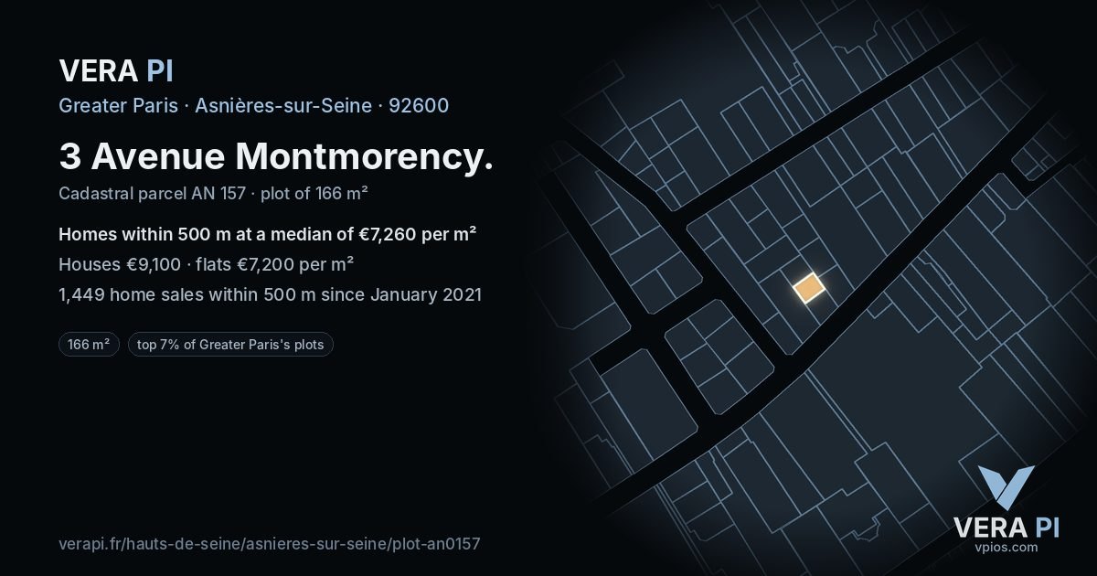 3 Avenue Montmorency, Asnières-sur-Seine at night – the plot lit, the parcels around coloured by the prices near them