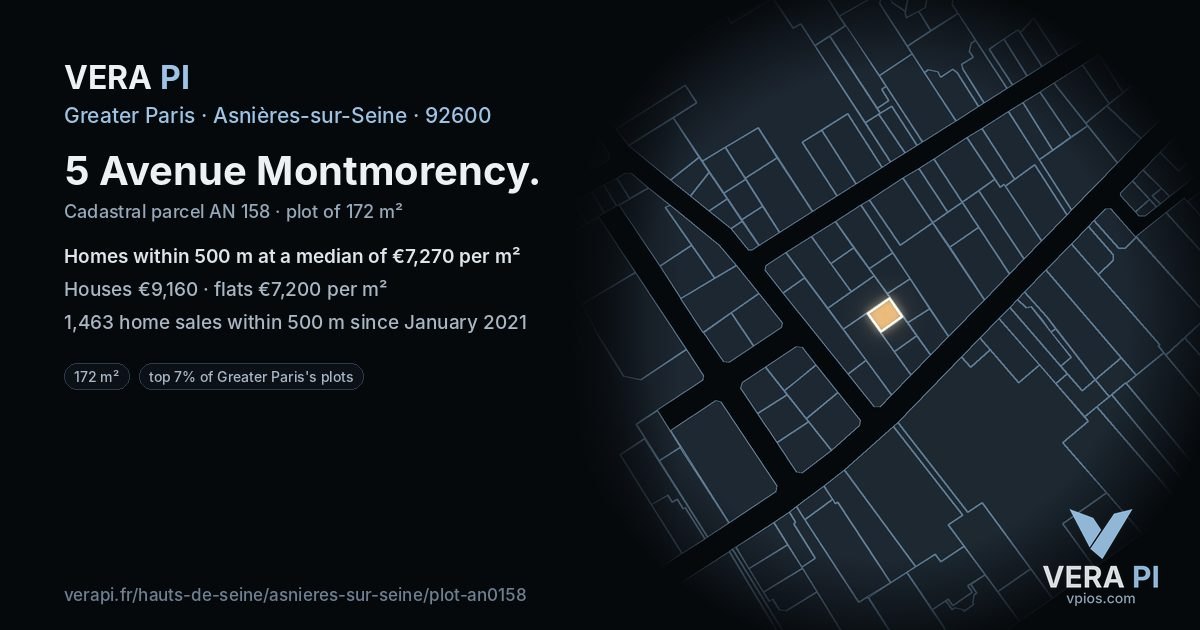 5 Avenue Montmorency, Asnières-sur-Seine at night – the plot lit, the parcels around coloured by the prices near them