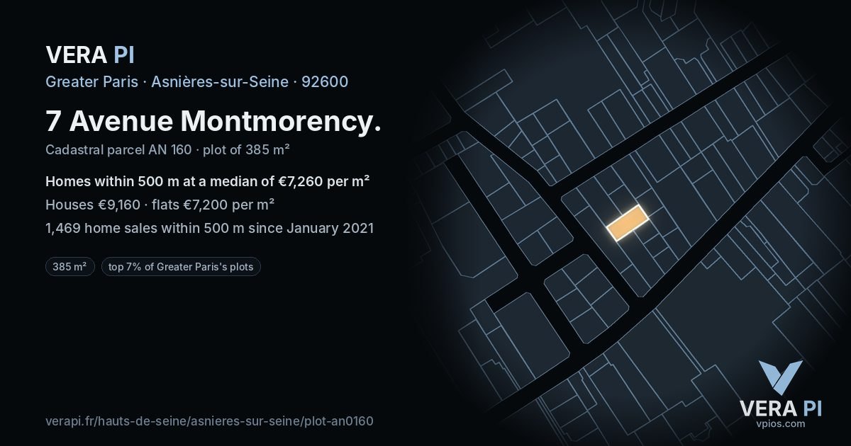 7 Avenue Montmorency, Asnières-sur-Seine at night – the plot lit, the parcels around coloured by the prices near them