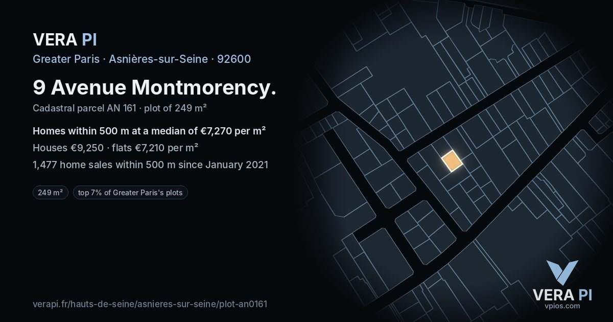 9 Avenue Montmorency, Asnières-sur-Seine at night – the plot lit, the parcels around coloured by the prices near them