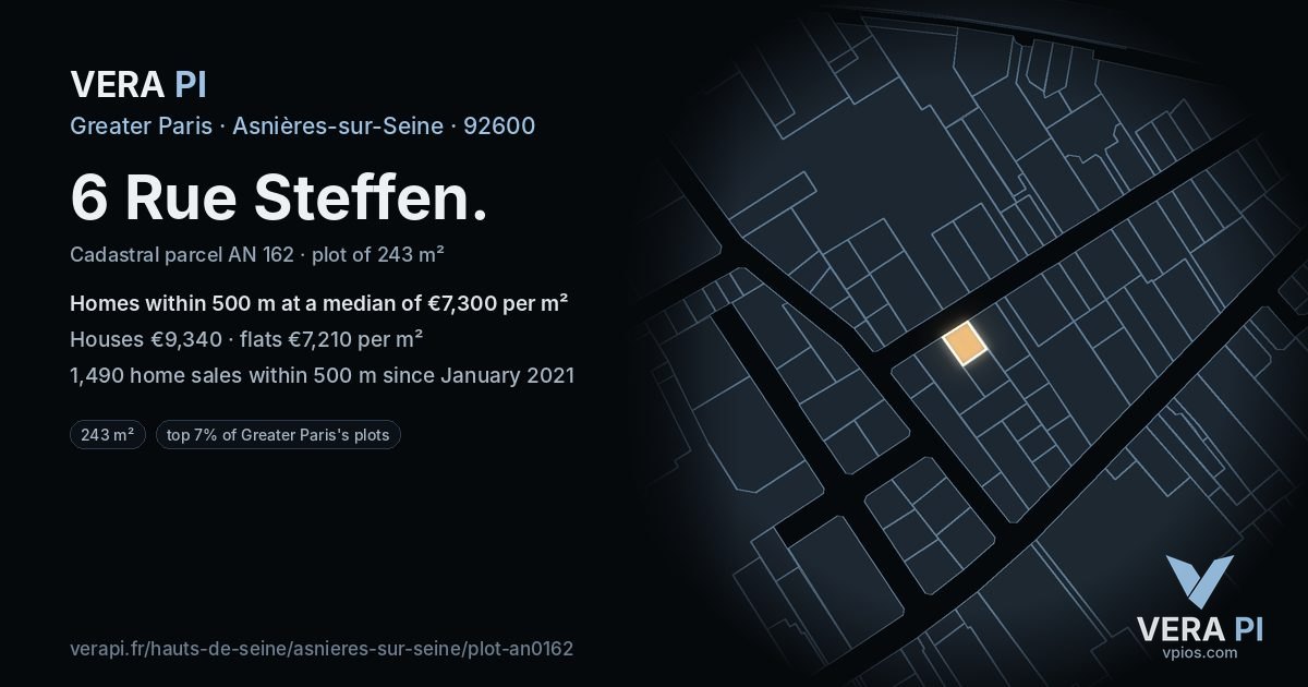 6 Rue Steffen, Asnières-sur-Seine at night – the plot lit, the parcels around coloured by the prices near them