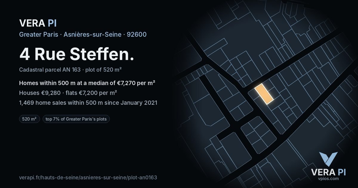 4 Rue Steffen, Asnières-sur-Seine at night – the plot lit, the parcels around coloured by the prices near them