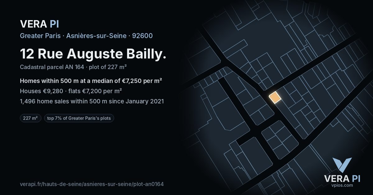 12 Rue Auguste Bailly, Asnières-sur-Seine at night – the plot lit, the parcels around coloured by the prices near them