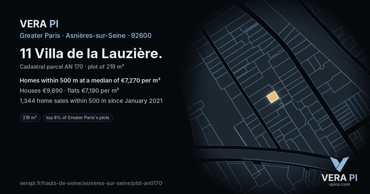 11 Villa de la Lauzière, Asnières-sur-Seine at night – the plot lit, the parcels around coloured by the prices near them