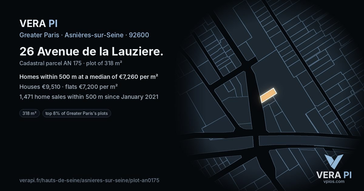 26 Avenue de la Lauziere, Asnières-sur-Seine at night – the plot lit, the parcels around coloured by the prices near them