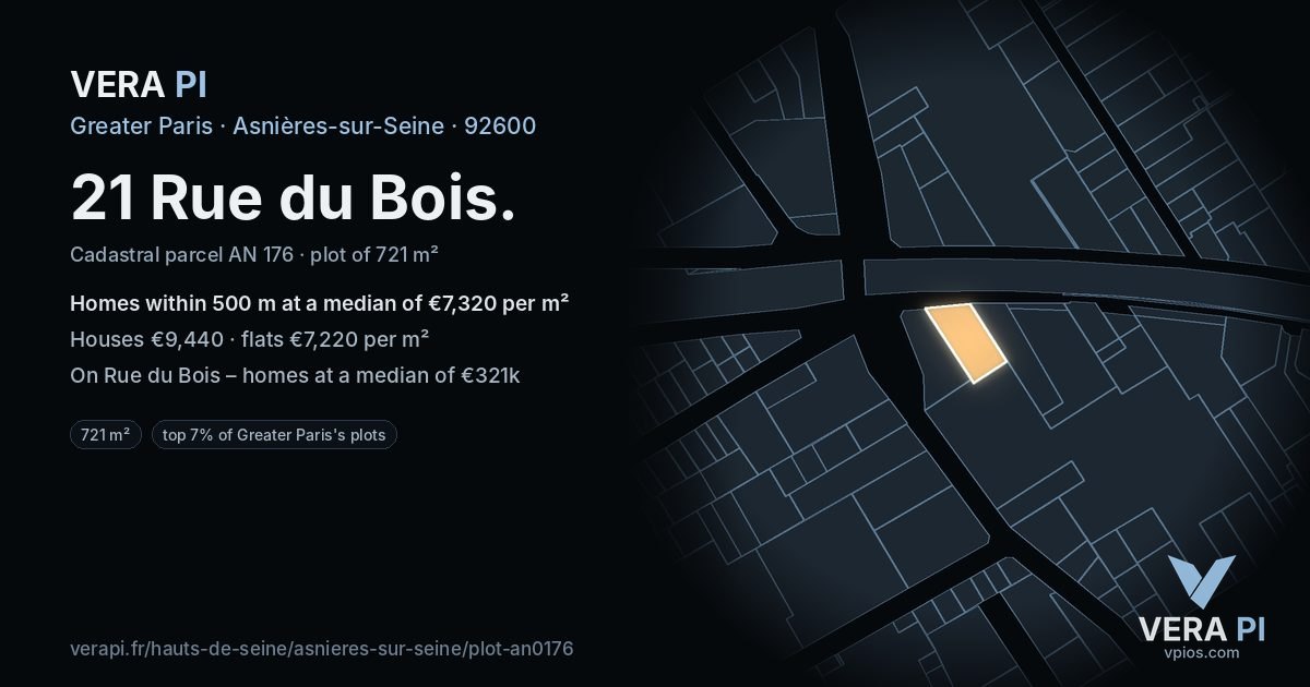 21 Rue du Bois, Asnières-sur-Seine at night – the plot lit, the parcels around coloured by the prices near them