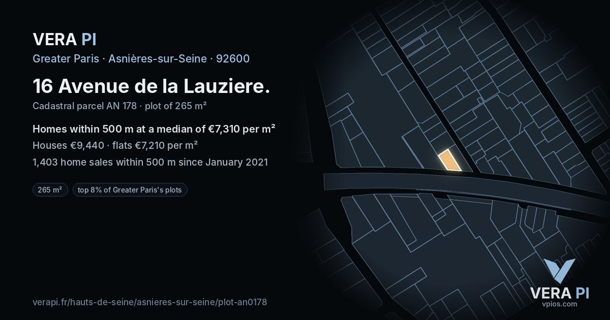 16 Avenue de la Lauziere, Asnières-sur-Seine at night – the plot lit, the parcels around coloured by the prices near them