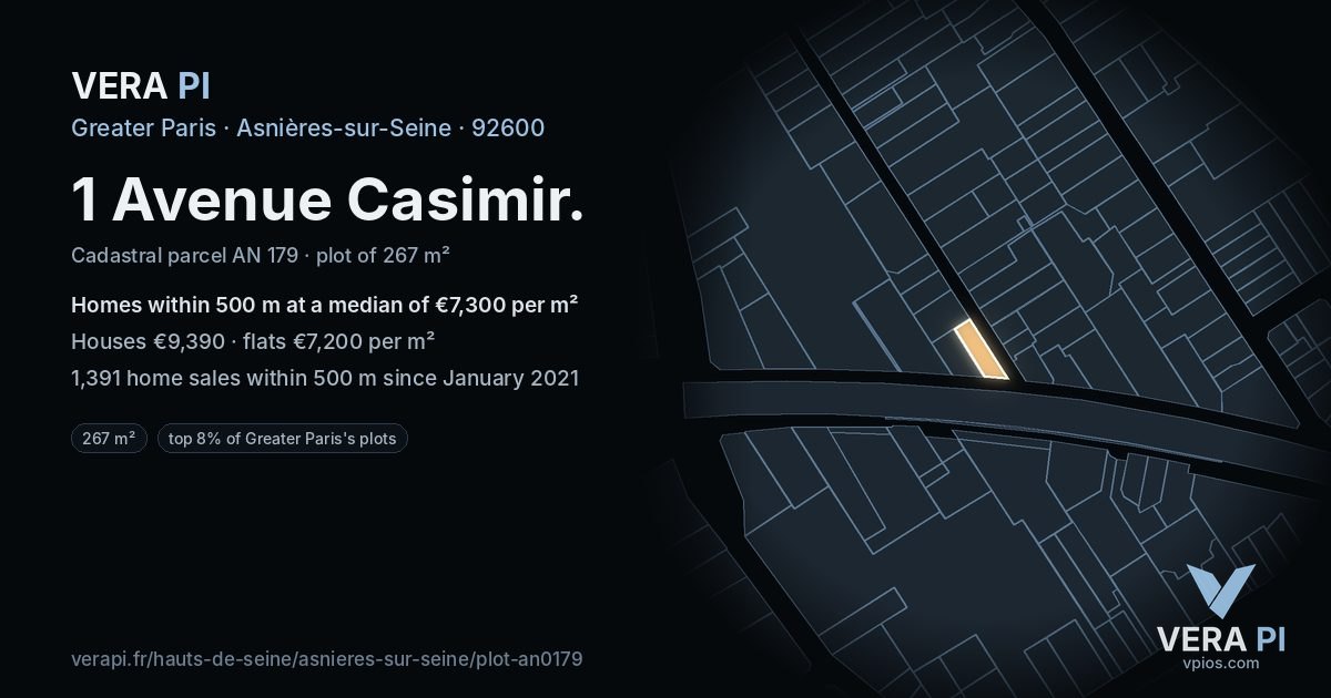 1 Avenue Casimir, Asnières-sur-Seine at night – the plot lit, the parcels around coloured by the prices near them