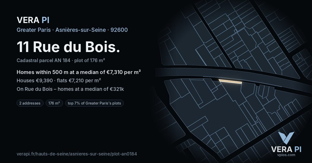11 Rue du Bois, Asnières-sur-Seine at night – the plot lit, the parcels around coloured by the prices near them