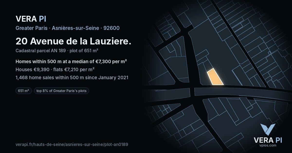 20 Avenue de la Lauziere, Asnières-sur-Seine at night – the plot lit, the parcels around coloured by the prices near them