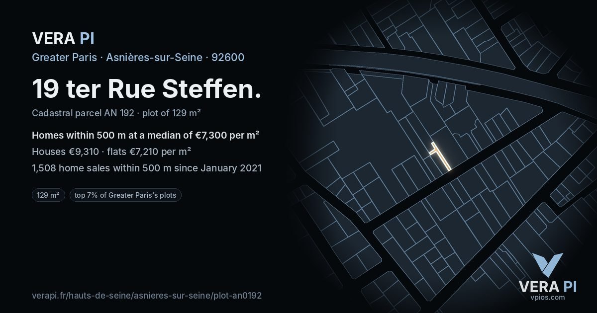 19 ter Rue Steffen, Asnières-sur-Seine at night – the plot lit, the parcels around coloured by the prices near them