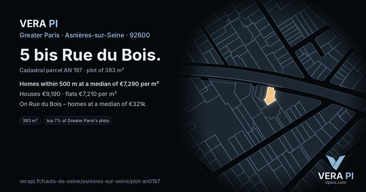 5 bis Rue du Bois, Asnières-sur-Seine at night – the plot lit, the parcels around coloured by the prices near them
