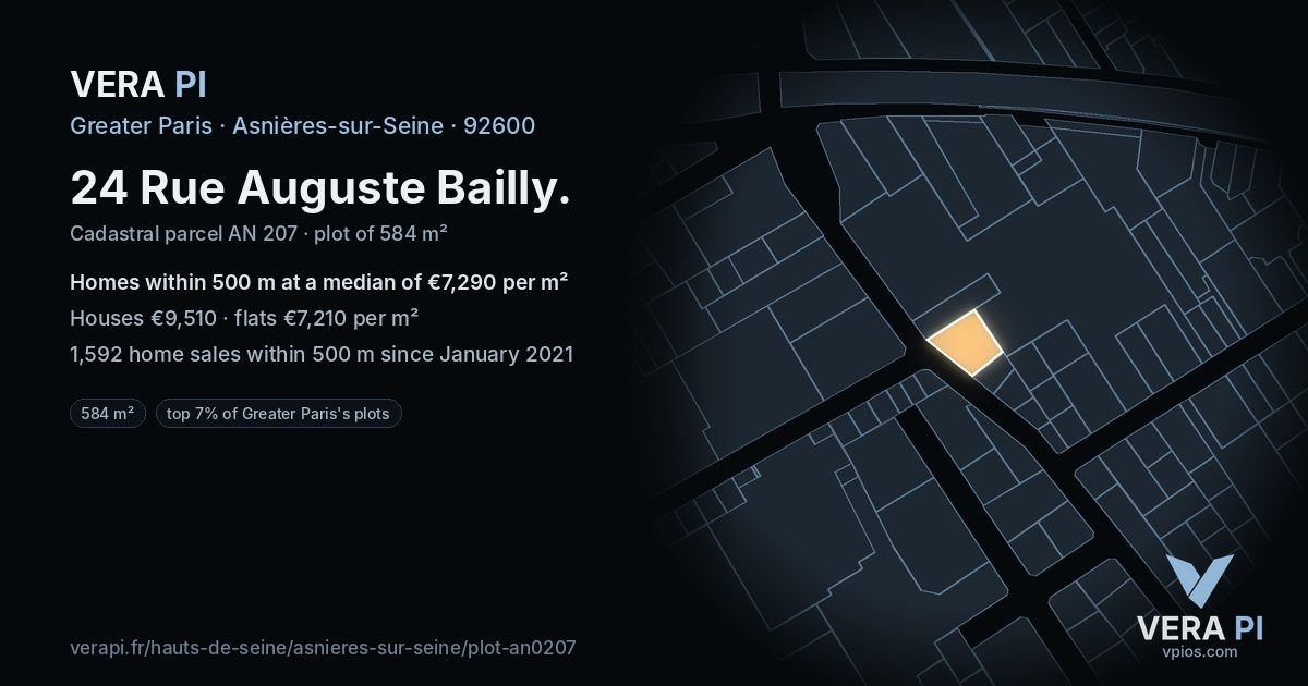 24 Rue Auguste Bailly, Asnières-sur-Seine at night – the plot lit, the parcels around coloured by the prices near them