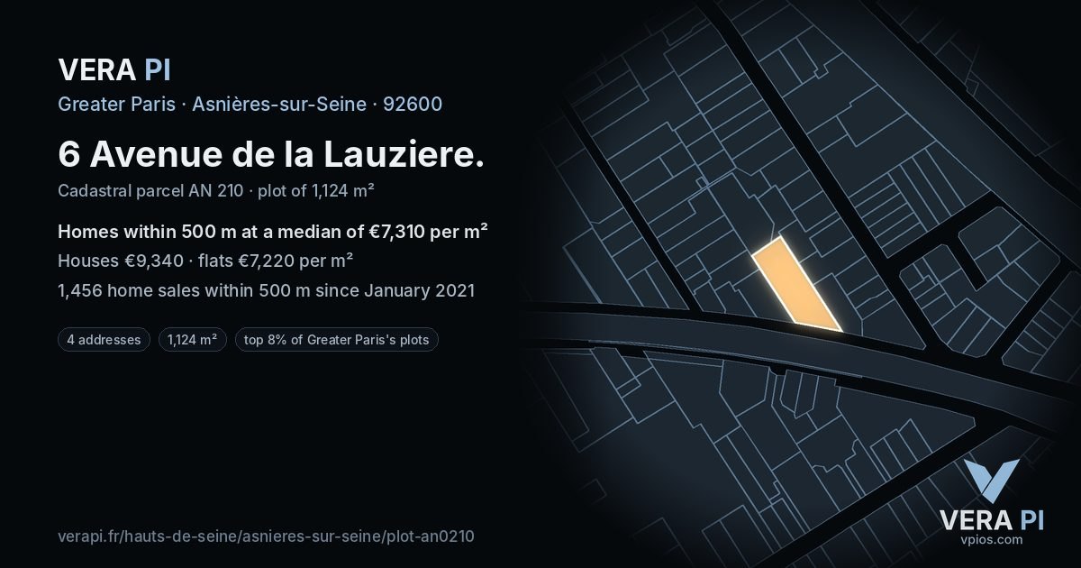 6 Avenue de la Lauziere, Asnières-sur-Seine at night – the plot lit, the parcels around coloured by the prices near them