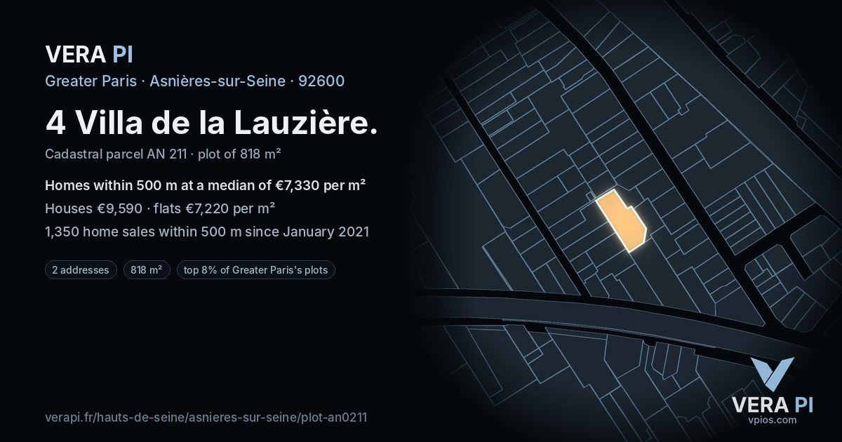 4 Villa de la Lauzière, Asnières-sur-Seine at night – the plot lit, the parcels around coloured by the prices near them