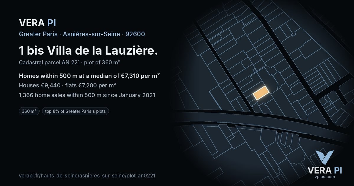 1 bis Villa de la Lauzière, Asnières-sur-Seine at night – the plot lit, the parcels around coloured by the prices near them