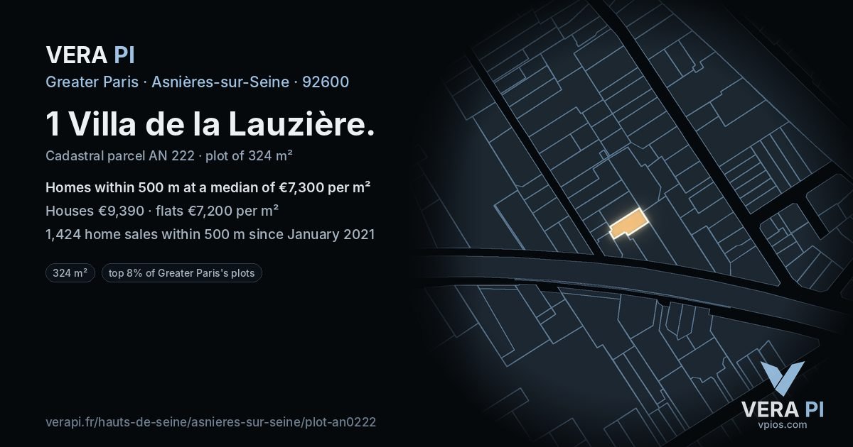 1 Villa de la Lauzière, Asnières-sur-Seine at night – the plot lit, the parcels around coloured by the prices near them