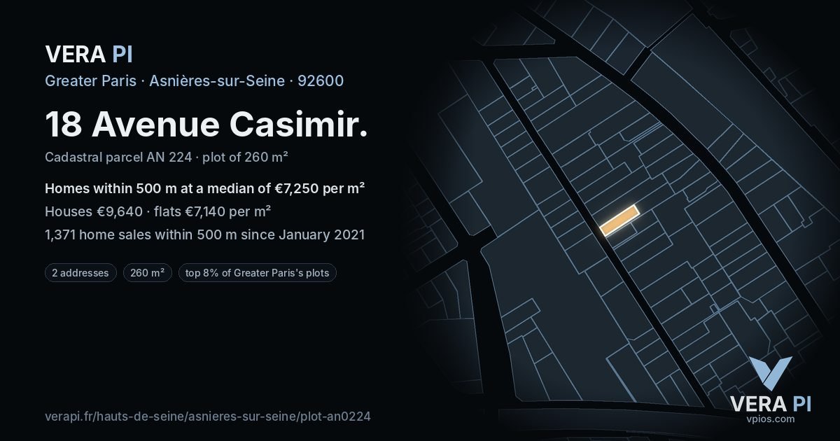 18 Avenue Casimir, Asnières-sur-Seine at night – the plot lit, the parcels around coloured by the prices near them