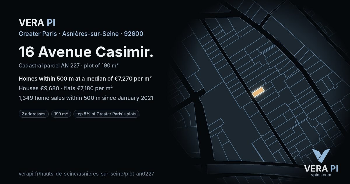 16 Avenue Casimir, Asnières-sur-Seine at night – the plot lit, the parcels around coloured by the prices near them