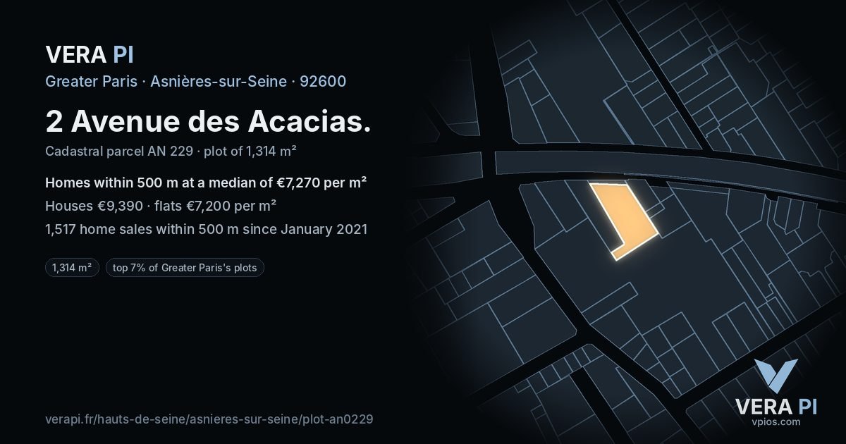 2 Avenue des Acacias, Asnières-sur-Seine at night – the plot lit, the parcels around coloured by the prices near them