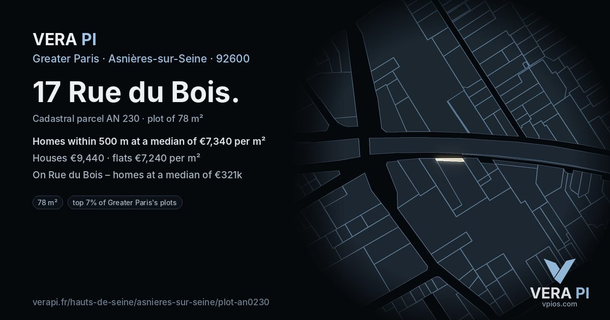 17 Rue du Bois, Asnières-sur-Seine at night – the plot lit, the parcels around coloured by the prices near them