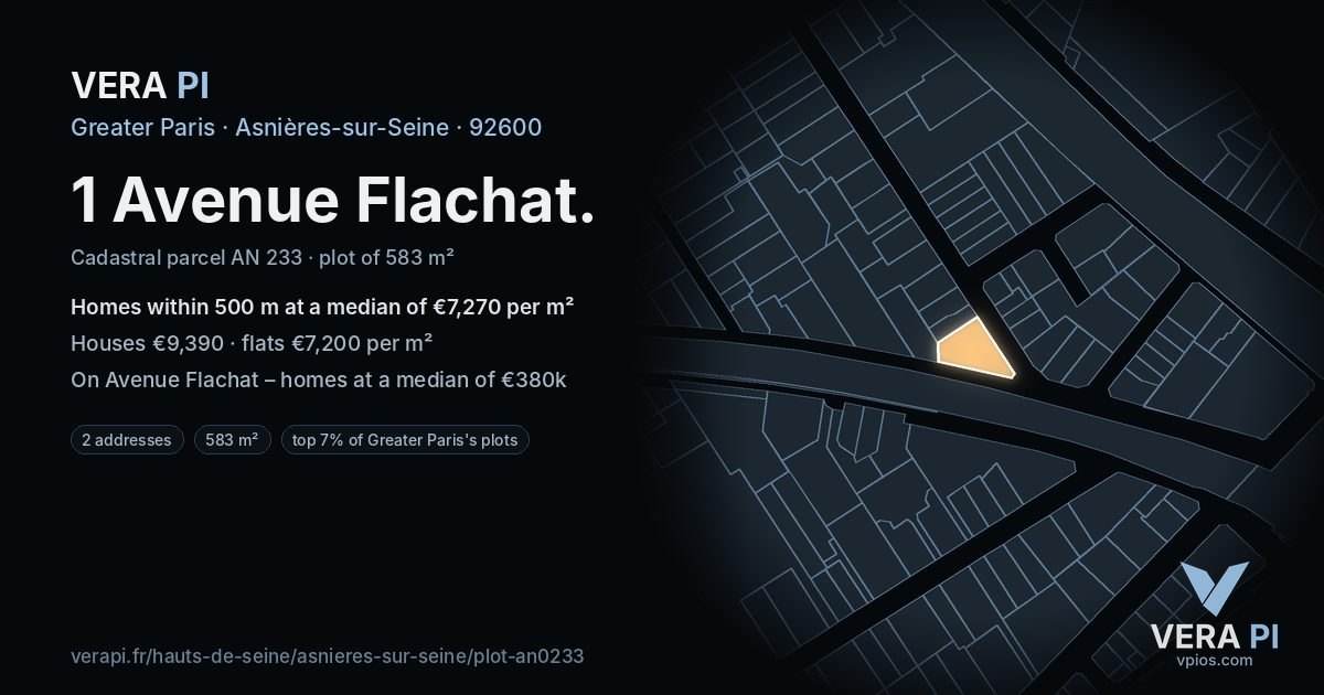 1 Avenue Flachat, Asnières-sur-Seine at night – the plot lit, the parcels around coloured by the prices near them