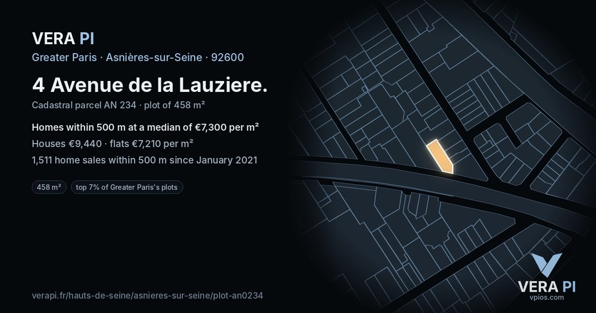 4 Avenue de la Lauziere, Asnières-sur-Seine at night – the plot lit, the parcels around coloured by the prices near them