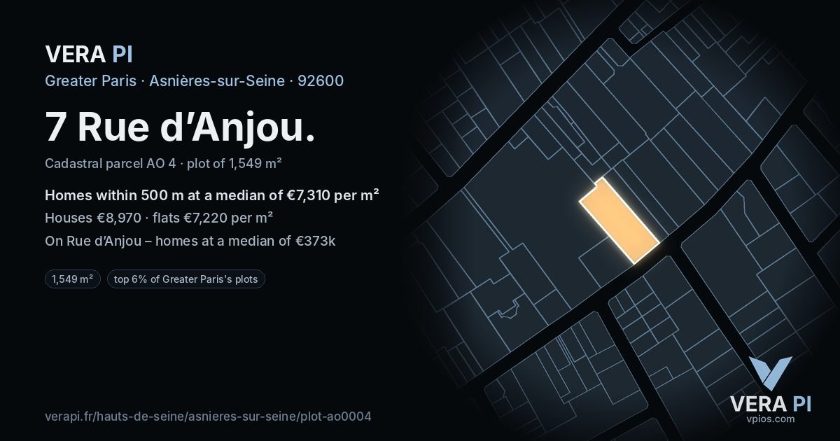 7 Rue d’Anjou, Asnières-sur-Seine at night – the plot lit, the parcels around coloured by the prices near them